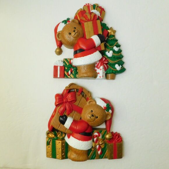 Christmas Wall Hangings Set of 2, Vintage Burwood Santa Claus Teddy Bears 1993 - Picture 4 of 14